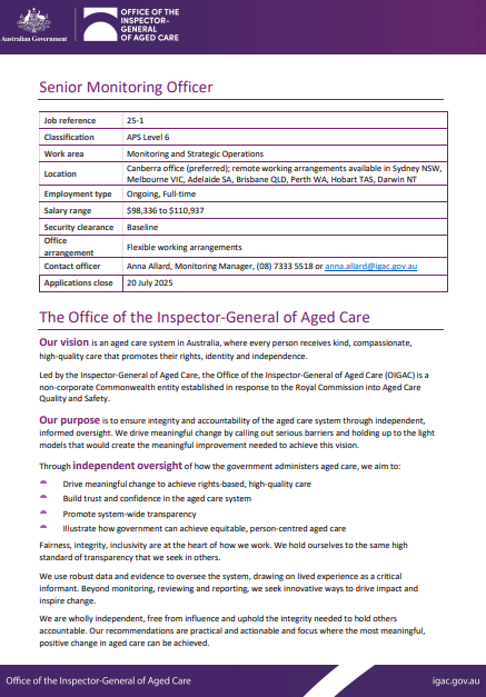  APS Level 6 Senior Monitoring Officer – Job application kit cover page