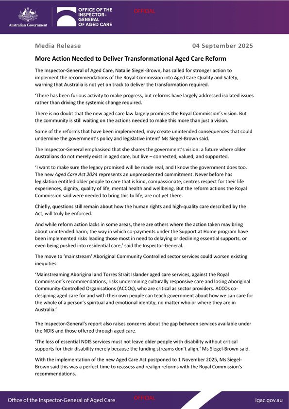 Media release – Inspector-General releases statutory report on progress