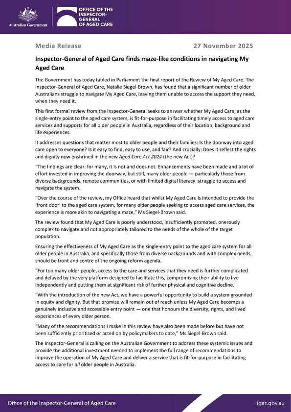 Media release – My Aged Care Review | Inspector-General of Aged Care