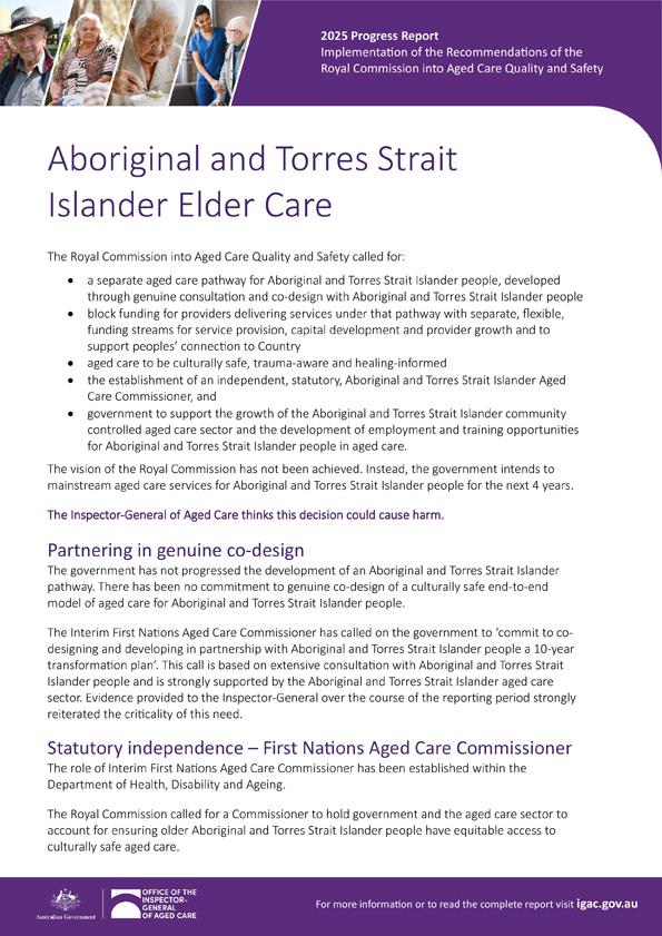 Aboriginal and Torres Strait Islander Elder care – 2025 progress report