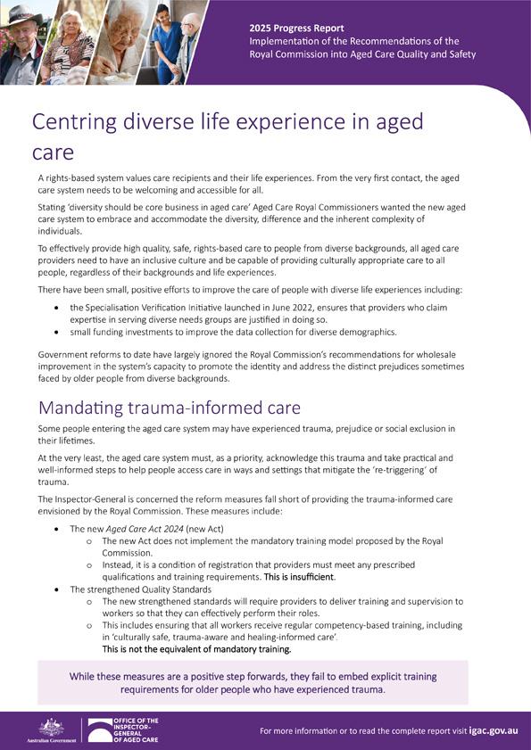 Centring diverse life experience in aged care – 2025 progress report