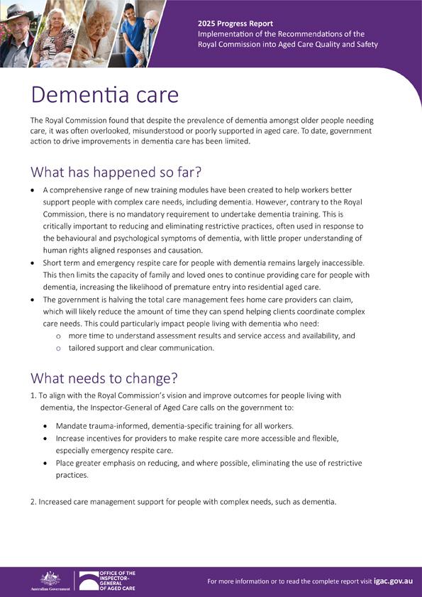 Dementia care – 2025 progress report