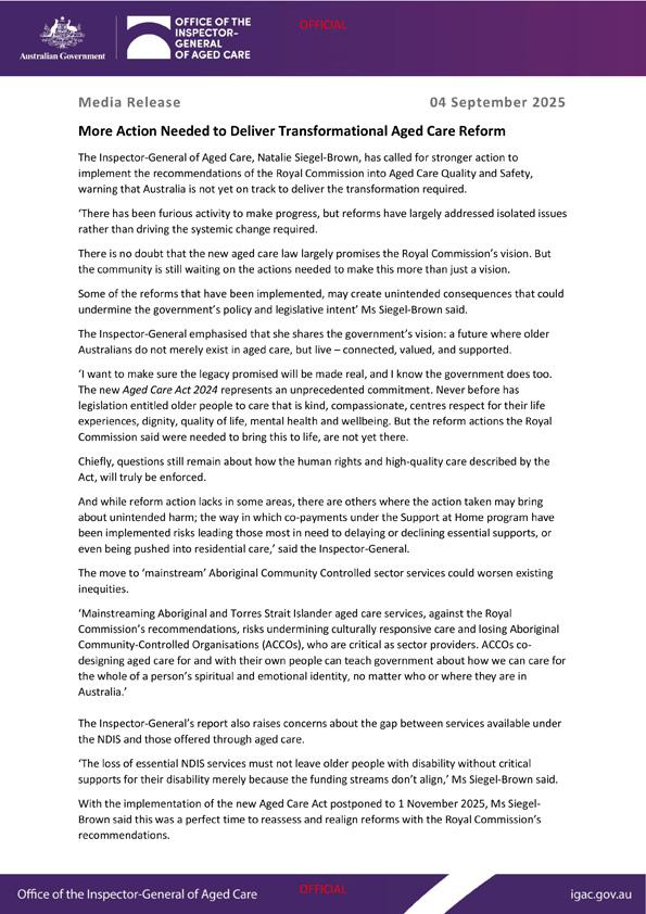 Media release – Inspector-General releases statutory report on progress in implementing recommendations from Aged Care Royal Commission
