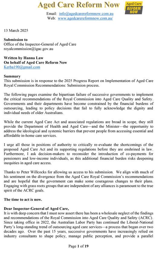 OIGAC 2025 progress report – Submission – Aged Care Reform Now