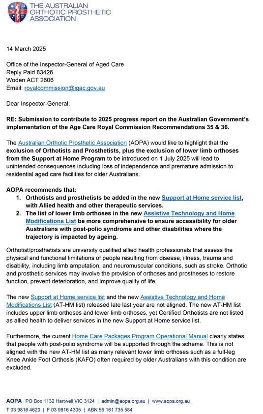 OIGAC 2025 progress report – Submission – Australian Orthotic Prosthetic Association
