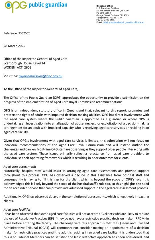 OIGAC 2025 progress report – Submission – Office of the Public Guardian (OPG), Queensland