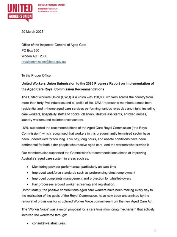 OIGAC 2025 progress report – Submission – United Workers Union