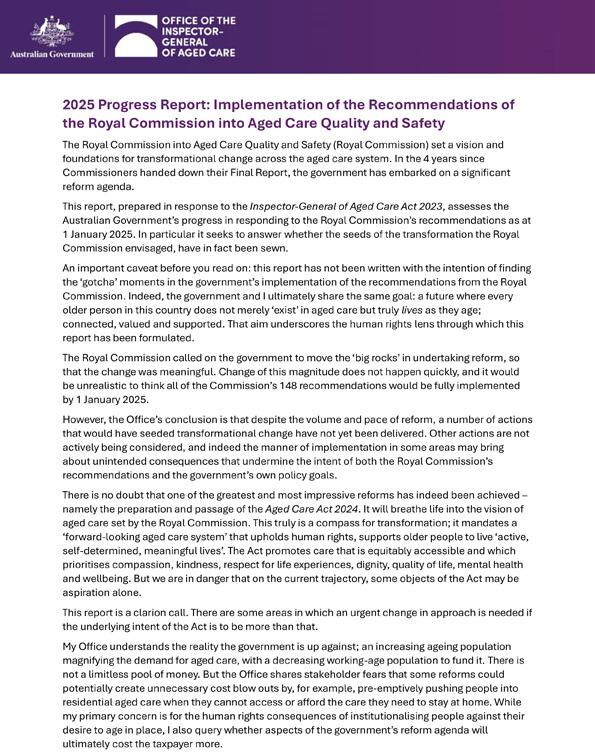 Summary of the 2025 progress report on the implementation of the recommendations of the Royal Commission into Aged Care Quality and Safety