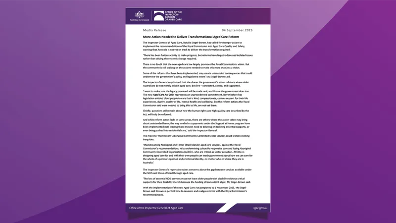 Media release – Inspector-General releases statutory report on progress in implementing recommendations from Aged Care Royal Commission