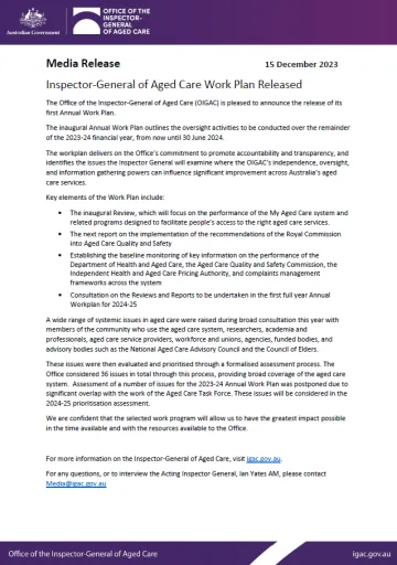 Media release – Annual Work Plan 2023–2024
