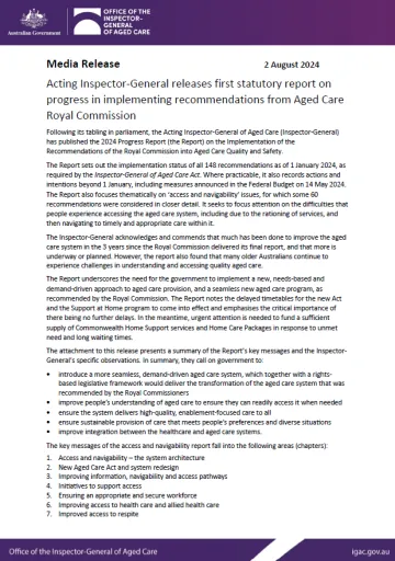 Media release – Acting Inspector-General releases first statutory report on progress in implementing recommendations from Aged Care Royal Commission