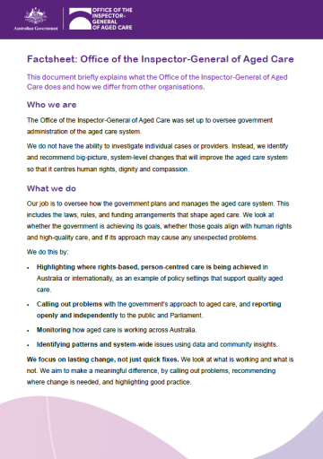Cover page_Office of the Inspector-General of Aged Care fact sheet