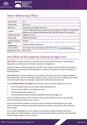  APS Level 6 Senior Monitoring Officer – Job application kit cover page