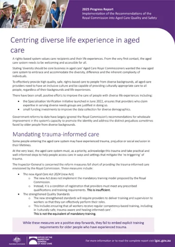 Centring diverse life experience in aged care – 2025 progress report