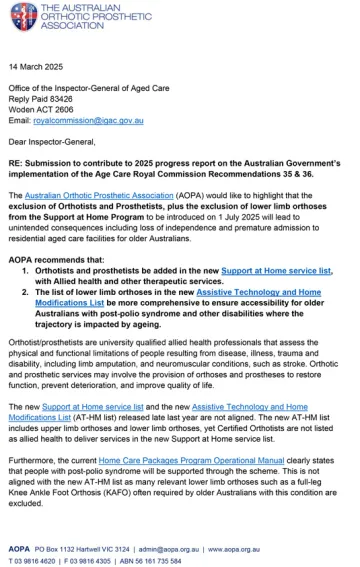 OIGAC 2025 progress report – Submission – Australian Orthotic Prosthetic Association