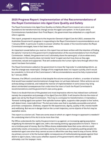 Summary of the 2025 progress report on the implementation of the recommendations of the Royal Commission into Aged Care Quality and Safety