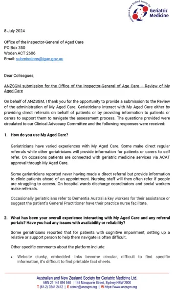 My Aged Care Review – Submission – Australian and New Zealand Society for Geriatric Medicine