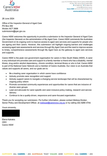My Aged Care Review – Submission – Carers NSW
