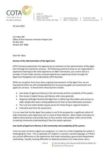My Aged Care Review – Submission – COTA Tasmania