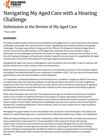 My Aged Care Review – Submission – Deafness Forum Australia
