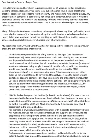 My Aged Care Review – Submission – Dr. Irene Wagner