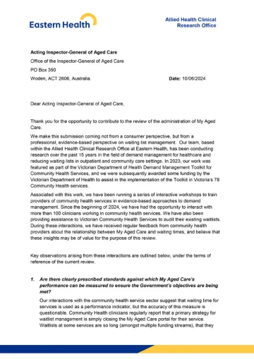 My Aged Care Review – Submission – Eastern Health