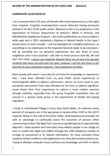 My Aged Care Review – Submission – Ellen Bucello