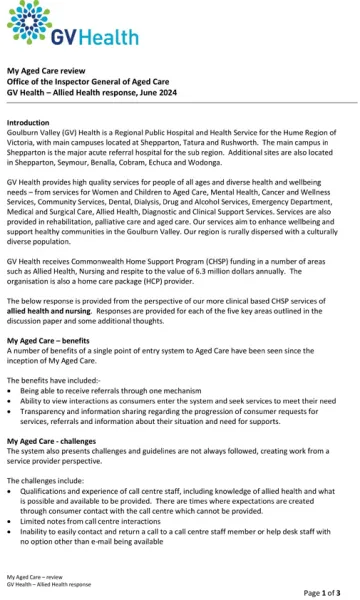 My Aged Care Review – Submission – Goulburn Valley Health