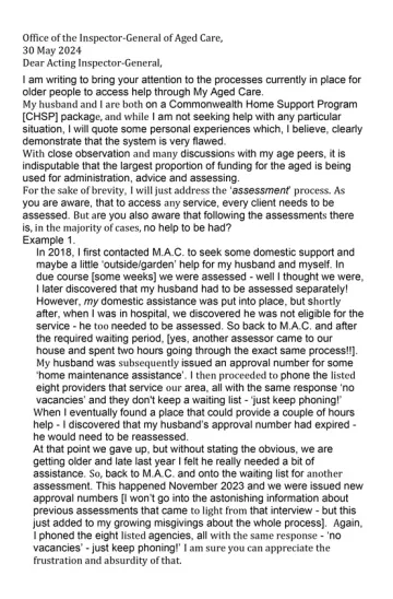 My Aged Care Review – Submission – Janet Trigg