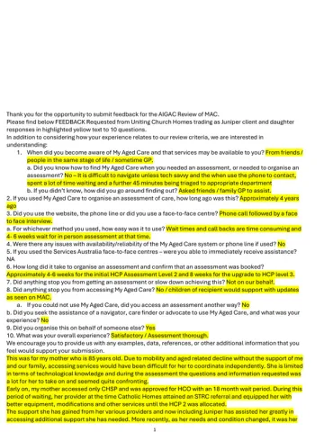 My Aged Care Review – Submission – Juniper Aged Care