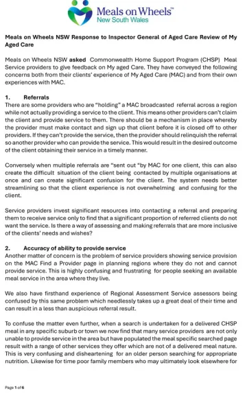 My Aged Care Review – Submission – Meals on Wheels New South Wales