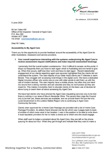My Aged Care Review – Submission – Mount Alexander Shire Council