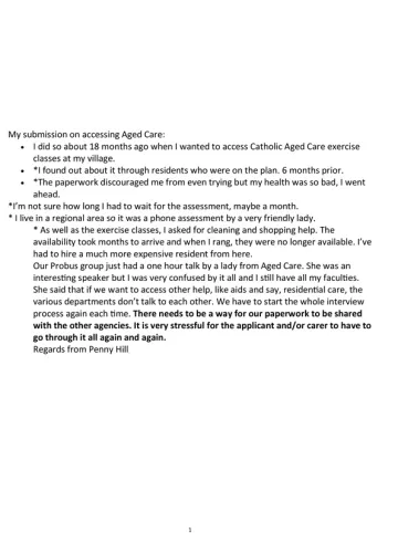 My Aged Care Review – Submission – Penny Giersch