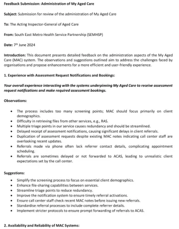 My Aged Care Review – Submission – South East Metro Health Service Partnership