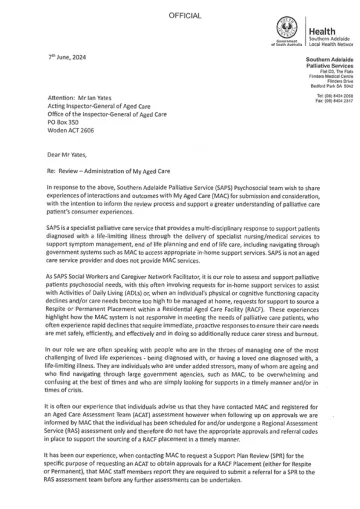 My Aged Care Review – Submission – Southern Adelaide Palliative Service