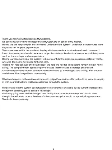 My Aged Care Review – Submission – Susan Sedivy