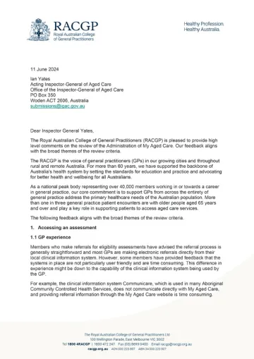 My Aged Care Review – Submission – The Royal Australian College of General Practitioners